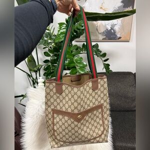 Authentic Gucci Brown GG Canvas Tote Bag with Sherry Line Straps
